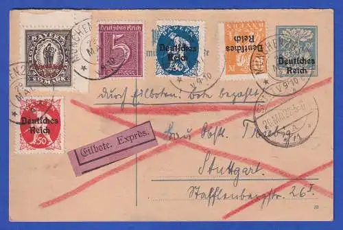 Dt. Reich 1922 Mi.-Nr. 133 I u.a. als ZF auf portoger. Eil-Postkarte O MÜNCHEN