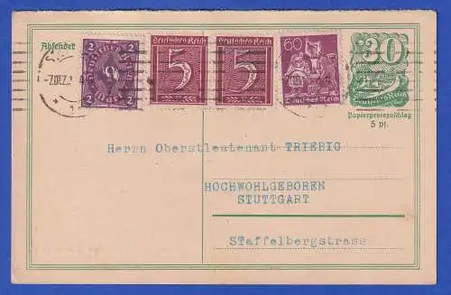 Dt. Reich 1922 Ganzsache Postkarte Mi.-Nr. P143F mit Zufrankatur O STUTTGART