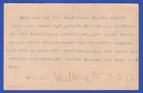 Dt. Reich 1922 Ganzsache Postkarte Mi.-Nr. P143F mit Zufrankatur O STUTTGART