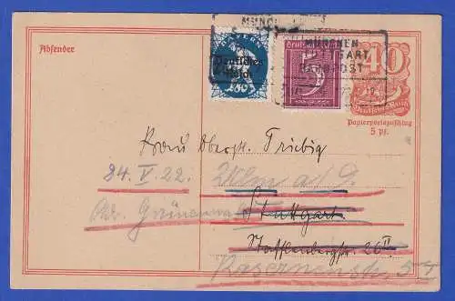 Dt. Reich 1922 Mi.-Nr. 128 etc. als ZF auf GA Postkarte mit Bahnpost-O nach Ulm