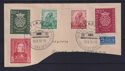 Bizone Mi.-Nr. 106-107,  Bund Mi.-Nr. 119, 121-122 mit So.-O auf Briefstück 1950