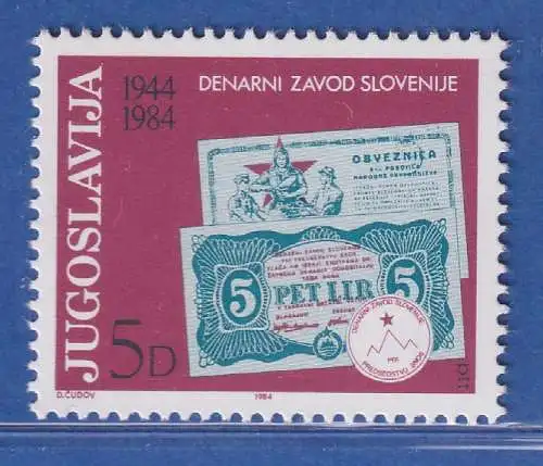 Jugoslawien 1984 40 Jahre slowenisches Geldinstitut Mi.-Nr. 2043 ** / MNH