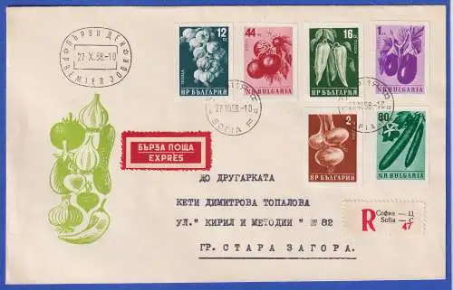 Bulgarien 1958 Gemüse Mi.-Nr. 1079-1084B auf Eilbrief O SOFIA nach Stara Sagora