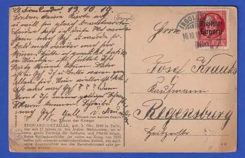 Bayern 1919 Bildpostkarte Traum der Krieger O INGOLSTADT nach Regensburg