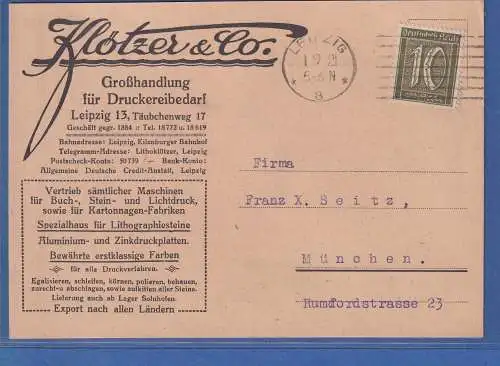 Dt. Reich Inflation 10Pfg Ziffer Mi.-Nr. 159a als EF auf Postkarte aus Leipzig