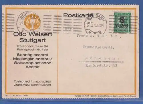 Dt. Reich Inflation Mi.-Nr. 278X auf Postkarte O Stuttgart 27.8.23