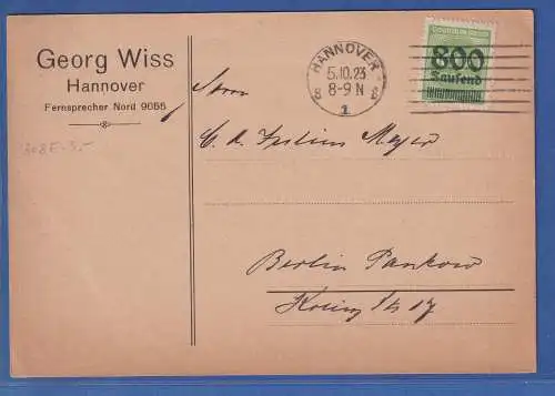 Dt. Reich Inflation Mi.-Nr. 308Aa auf Postkarte O Hannover 5.10.1923