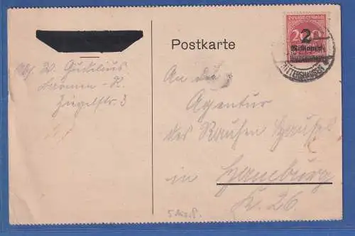 Dt. Reich Inflation Mi.-Nr. 309AWa auf Postkarte aus Barmen vom 19.10.23