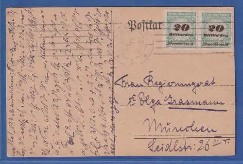 Dt. Reich Inflation Mi.-Nr. 329 AP 2x auf Karte aus München vom 8.12.23