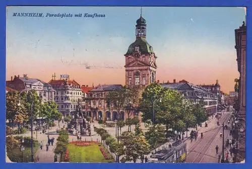 Alte AK Mannheim Paradeplatz mit Kaufhaus 1928 gel. nach Konstanz