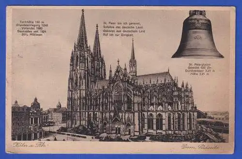 Alte Bildpostkarte Köln Dom und Petersglocke 1928 gel. nach Konstanz