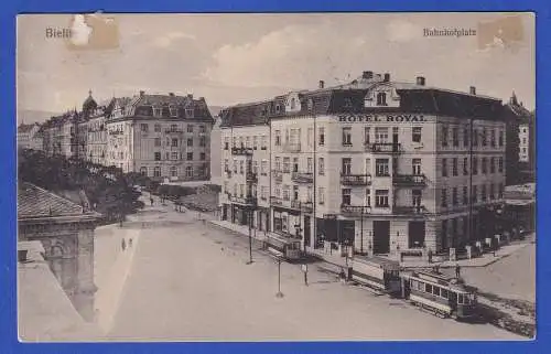 Alte AK Bielitz (Bielsko-Biała) Bahnhofsplatz 1922 gel. nach Konstanz