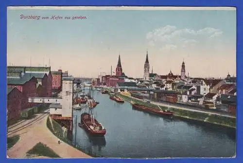 Alte AK Duisburg Stadtansicht vom Hafen aus 1926 gel. nach Konstanz