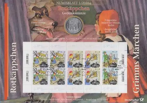 Bundesrepublik Numisblatt 1/2016 Märchen Rotkäppchen mit 20-Euro-Gedenkmünze 