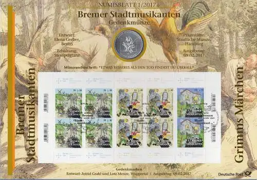 Bundesrepublik Numisblatt 1/2017 Bremer Stadtmusikanten mit 20-Euro-Gedenkmünze 