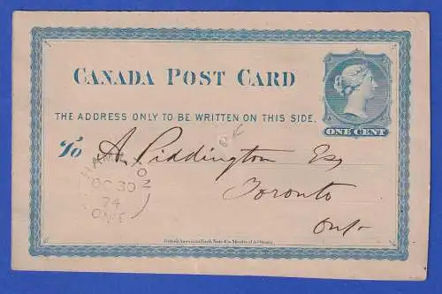 Kanada 1874 GA Postkarte O HAMILTON nach Toronto (Ontario)