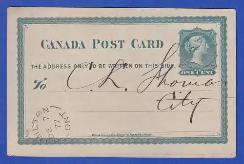 Kanada 1877 GA Postkarte O HAMILTON (Ontario) gelaufen innerorts