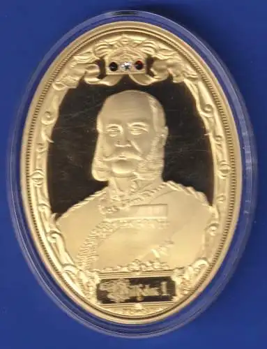 Große Medaille Kaiser Wilhelm I. Kupfer vergoldet mit bunten Glas-Kristallen