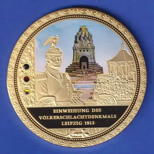 Große Medaille Völkerschlachtdenkmal Kupfer vergoldet mit bunten Glas-Kristallen