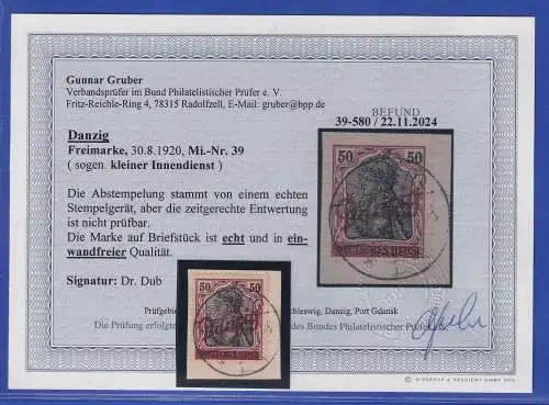 Danzig 1920 Kl. Innendienst 50Pfg Mi-Nr. 39 O DANZIG Briefstk. Befund GRUBER BPP