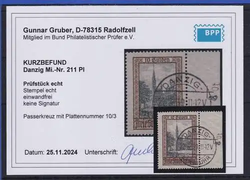 Danzig 1924 Ansichten Mi-Nr. 211 Pl Randstück mit Plattennr. O  KB GRUBER BPP