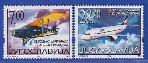 Jugoslawien 2002  75 Jahre Zivilluftfahrt in Jugosl.  Mi.-Nr. 3079-3080 ** / MNH