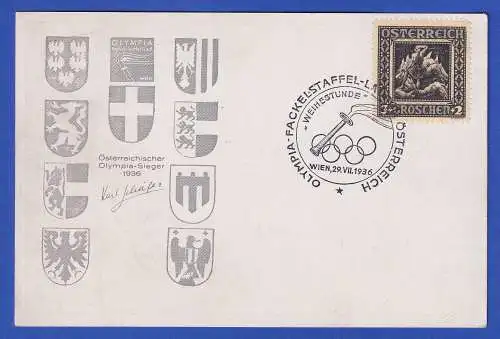 Österreich 1936 Gedenk-Karte Olympischer Fackellauf Weihestunde mit So.-O WIEN 