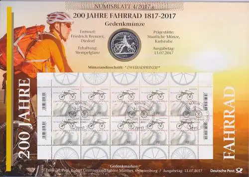 Bundesrepublik Numisblatt 4/2017 200 Jahre Fahrrad mit 20-Euro-Silbermünze 