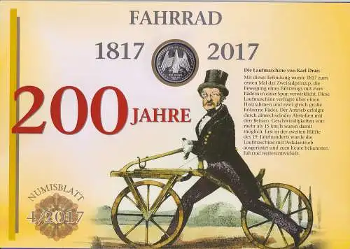 Bundesrepublik Numisblatt 4/2017 200 Jahre Fahrrad mit 20-Euro-Silbermünze 