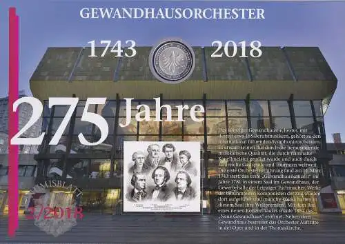 Bundesrepublik Numisblatt 2/2018 Gewandhaus-Orchester mit 20-Euro-Silbermünze 