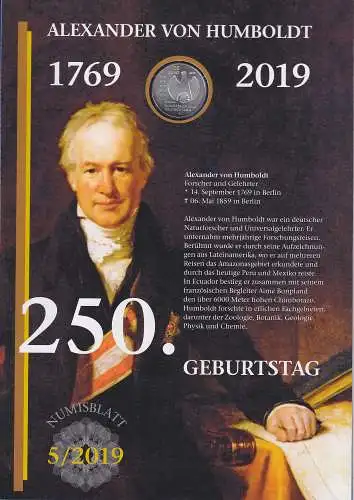 Bundesrepublik Numisblatt 5/2019 Alexander von Humboldt mit 20-Euro-Silbermünze 