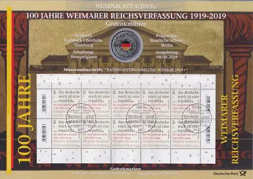 Bundesrepublik Numisblatt 4/2019 Weimarer Verfassung mit 20-Euro-Silbermünze 