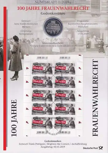 Bundesrepublik Numisblatt 1/2019 100 Jahre Frauenwahlrecht mit 20€-Silbermünze 