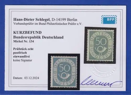 Bundesrepublik 1951 Posthorn 50 Pfg. Mi.-Nr.134 postfrisch ** KB SCHLEGEL BPP