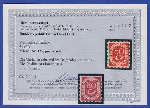 Bundesrepublik 1951 Posthorn 80 Pfg. Mi.-Nr.137 ** Befund SCHLEGEL BPP