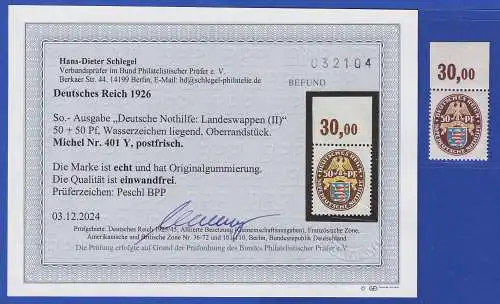 Dt. Reich 1926 Nothilfe Wappen Mi.-Nr. 401Y Oberrandstück ** gpr. SCHLEGEL BPP