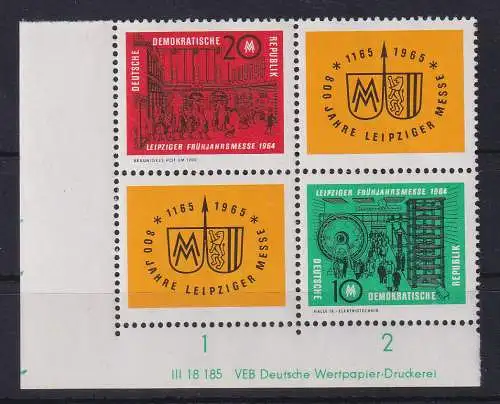 DDR 1964 Messe Mi.-Nr. 1012-1013 ER-4er-Block mit Zierfeldern u. Druckvermerk **