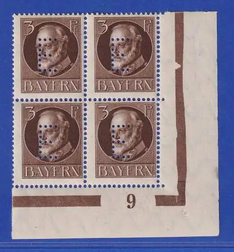 Bayern Ludwig III. Dienstmarke 3Pfg mit Lochung E, ER-Viererblock UR Pl-Nr. 9 **