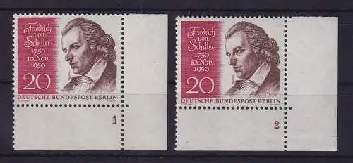 Berlin 1959 Schiller Mi.-Nr. 190 Eckrandstücke UR mit Formnummern 1 und 2 **