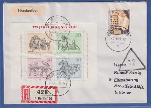 Berlin 1969 Zoo Mi.-Nr. Block 2 und 344 auf R-Brief O BERLIN nach München