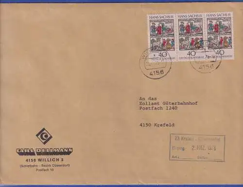 Bund 1976 Hans Sachs Mi.-Nr. 877 3er-Streifen als MEF auf Brief O WILLICH