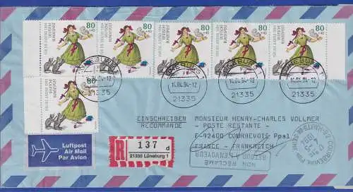 Bund 1994 Jugend Mi.-Nr. 1726, 6x als MEF auf Auslands-LP-R-Brief O LÜNEBURG