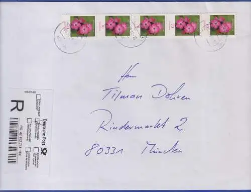 Bund 2011 Blumen 70 C Mi.-Nr. 2529, 5er-Streifen als MEF auf R-Brief O ASCHHEIM