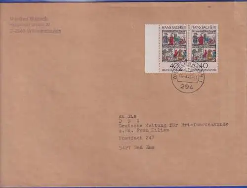 Bund 1976 Hans Sachs Mi.-Nr. 877,  2x als MEF auf Brief O WILHELMSHAVEN