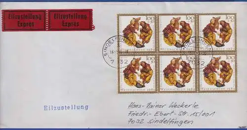 Bund 1989 Weihnachten Mi.-Nr. 1443 6er-Block als MEF a. Eil-Brief O SINDELFINGEN