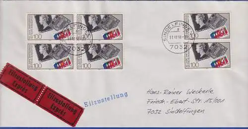 Bund 1990 Briefmarkenjubiläum Mi.-Nr.1479, 6x als MEF a. Eilbrief O SINDELFINGEN