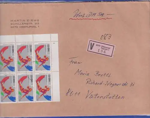 Bund 1989  Mi.-Nr. 1409 ER-6er-Block mit FN 1 als MEF auf Wertbrief O OBERURSEL