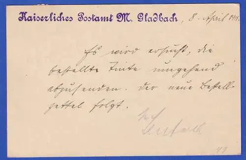 1911 Postkarte mit augeklebtem Präge-Dienstsiegel Postamt M.GLADBACH 