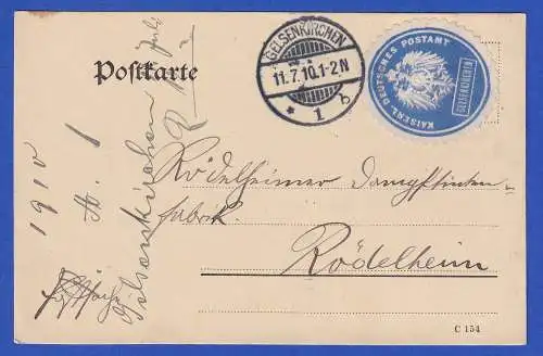 1911 Postkarte mit aufgeklebtem Präge-Dienstsiegel Postamt GELSENKIRCHEN