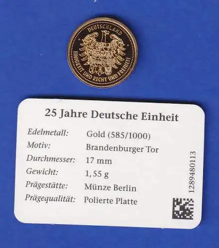 Kleine Goldmedaille 25 Jahre Deutsche Einheit 1990-2015  1,55g 585er Gold